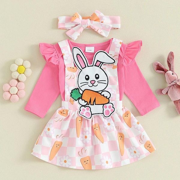 Kleidungssets 0-18 Monate Baby Mädchen Ostern Kostüm Langarm Overall gepaart mit Cartoon Plaid Overall Rosa Riemen Rock Set Kopfbedeckung