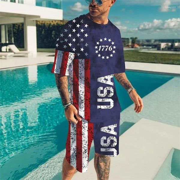 Herren Trainingsanzüge Sommer USA Flagge Muster Shorts Set 3D-Druck Casual T-Shirts 2PCS Outfits Mode Cool Man Kleidung O-Ausschnitt Trainingsanzug