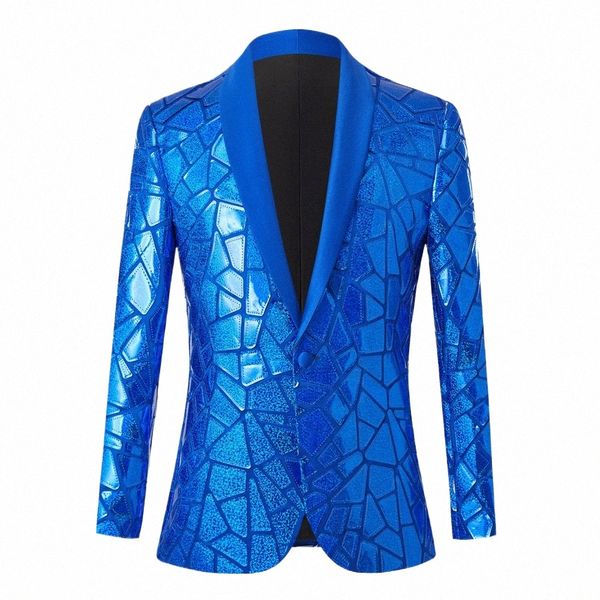 Lucido Blu Paillettes Bling Glitter Giacca Sportiva Degli Uomini 2023 Collo a scialle One Butt Tuxedo Abiti Blazer Mens Wedding Party Costumi di Scena Z563 #