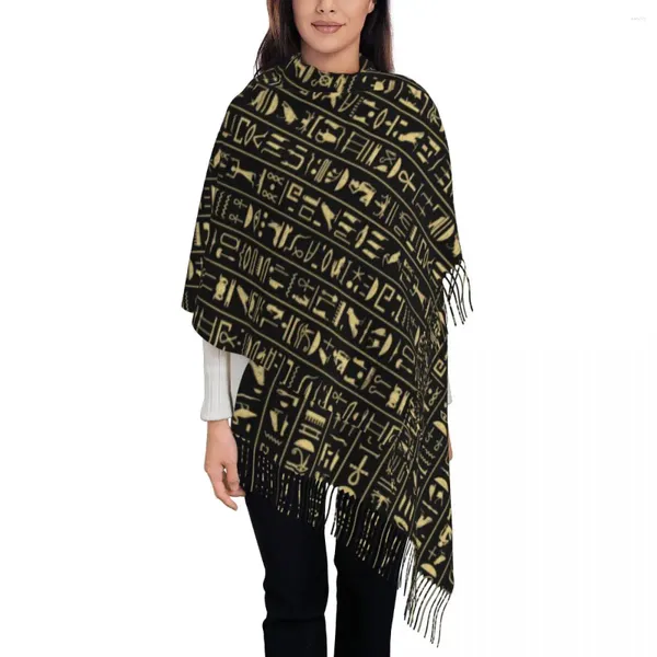 Sciarpe di lusso con geroglifici dorati Sciarpa con nappe Donna Inverno Caldo Scialle Avvolgente Lady Egitto Art