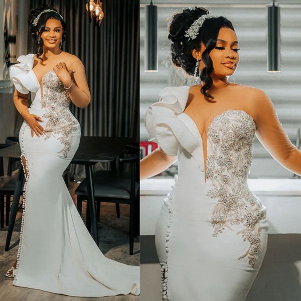 2024 Plus Size Sereia Vestido de Noiva para Noiva Vestidos de Noiva Ilusão Sheer Neck Mangas Compridas Pérolas Frisadas Dividir Vestidos de Casamento para Mulheres Negras Africanas Meninas NW153