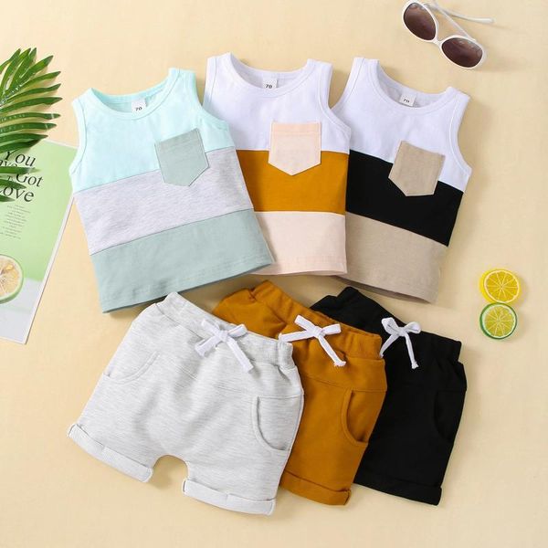 Conjuntos de roupas Bebê Meninos 2 PCS Calças Terno Sem Mangas Patchwork Crew Tank Tees Branco Straps Curto Criança Casual Outfit