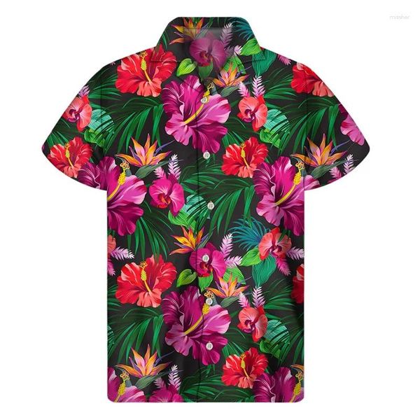 Camisas casuais masculinas Tropical Palm Hawaiian Camisa Homens 3D Imprimir Plantas Frutas Botão Tops Verão Praia Manga Curta Oversized Lapela Aloha