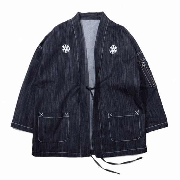 Estilo japonês homens fino denim kimo jaqueta gola de três quartos mangas sakura bordado solto haori com manga bolso h32p #