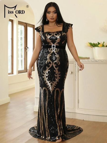 Plus Size Kleider Missord Schwarz Pailletten Abend Elegante Frauen Quadratischer Kragen Ärmellos Figurbetont Maxi Meerjungfrau Party Abendkleid Kleid