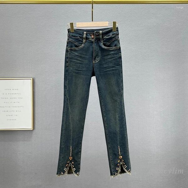 Jeans da donna European Street Diamond per donna 2024 pantaloni dritti corti con spacco slim fit a vita alta elasticizzati primaverili