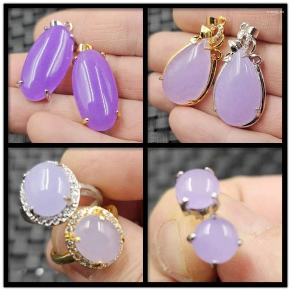 Pingente colares violeta gota de água jade roxo oval diamante-embutido anel aberto redondo brincos de três peças conjunto