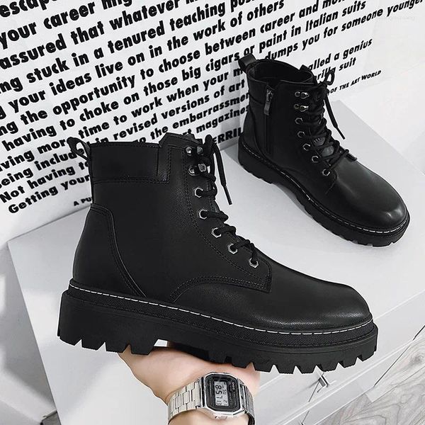 Freizeitschuhe 2024 Herren Schwarz Englischer Stil Zhongbang Lederstiefel Dicker Boden Arbeitsanzug Mode