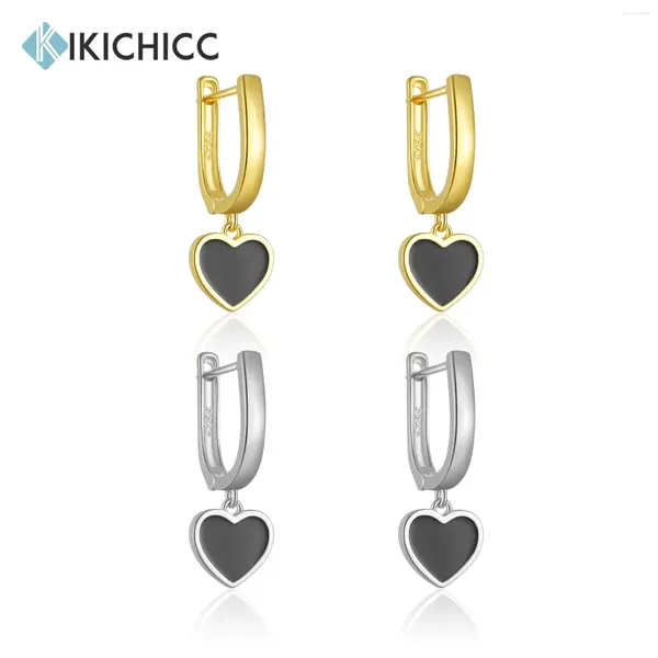 Dangle Küpeler Kikichicc 925 Sterling Gümüş Altın Siyah Emaye Tutkal Kalp Damla Küpe Klipler Piercing Pentientes Lüks Güzel Takı Hediyesi