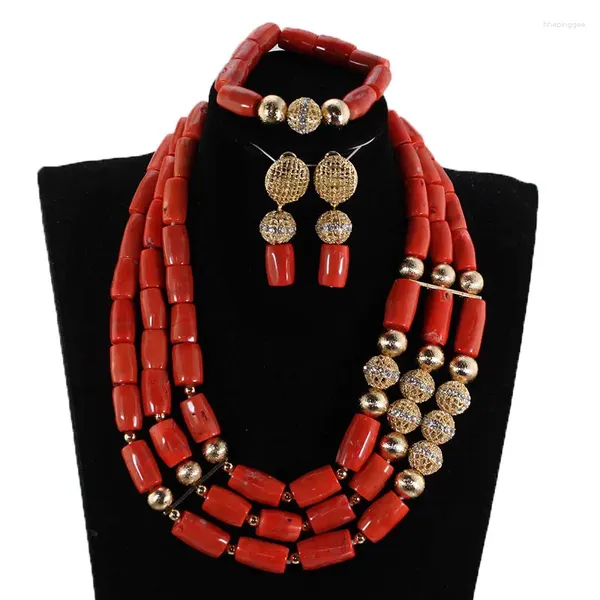 Collana Orecchini Set Vino di qualità Perline di corallo rosso Gioielli da donna Vero naturale per matrimonio nigeriano CG009