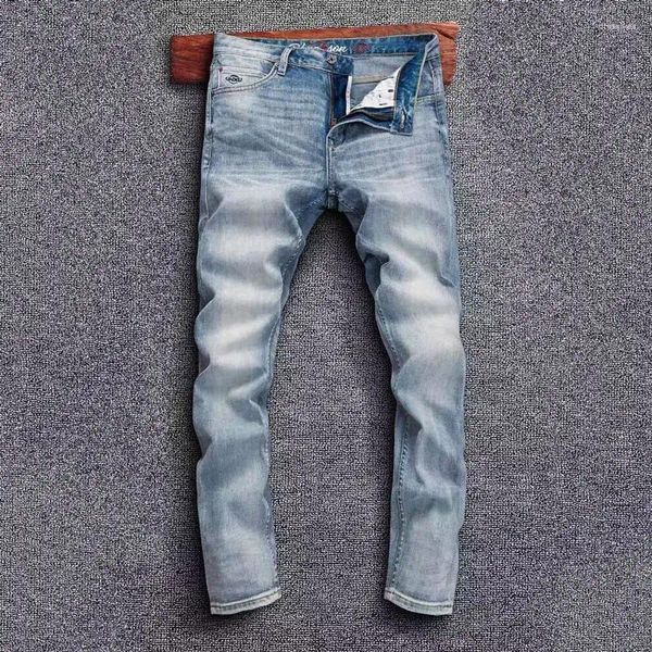 Erkekler kot moda sokak kıyafetleri erkekler yüksek kaliteli retro açık mavi streç ince fit vintage selveg tasarımcısı kırmızı çizgi denim pantolon