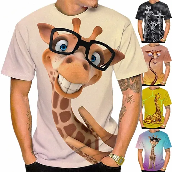 T-shirt dos homens engraçados do verão Tops 3D Imprimir Girafa Animal Tees O-pescoço Camisas Oversized Mens Roupas Masculino Casual Streetwear Curto c7fZ #