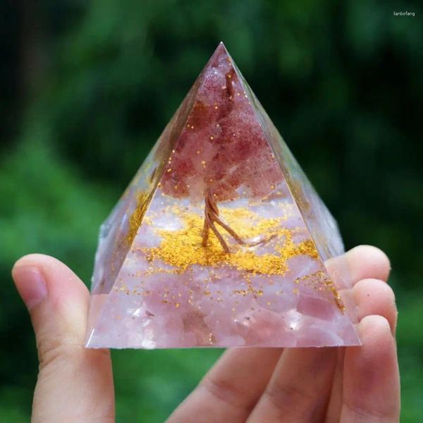 Statuette decorative fatte a mano piramide di orgonite 60mm albero della vita quarzo fragola con pietra di cristallo rosa GUARIGIONE Reiki Orgone Chakra EMF