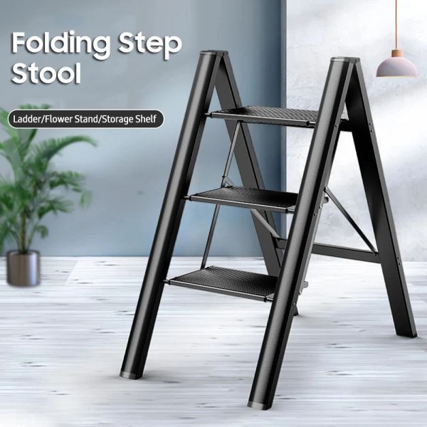 Escadas 3 Passo Dobrável Step Stool Antiderrapante Pedal Largo 330lbs Liga de Alumínio Multifuncional Step Escada Prateleira de Armazenamento Flor Pot Stands