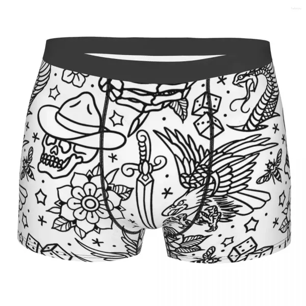 Mutande Americano Tradizionale Tattoo Flash Stampa Variante Boxer da Uomo Scheletro Teschio Osso Biancheria Intima Traspirante Pantaloncini di Qualità