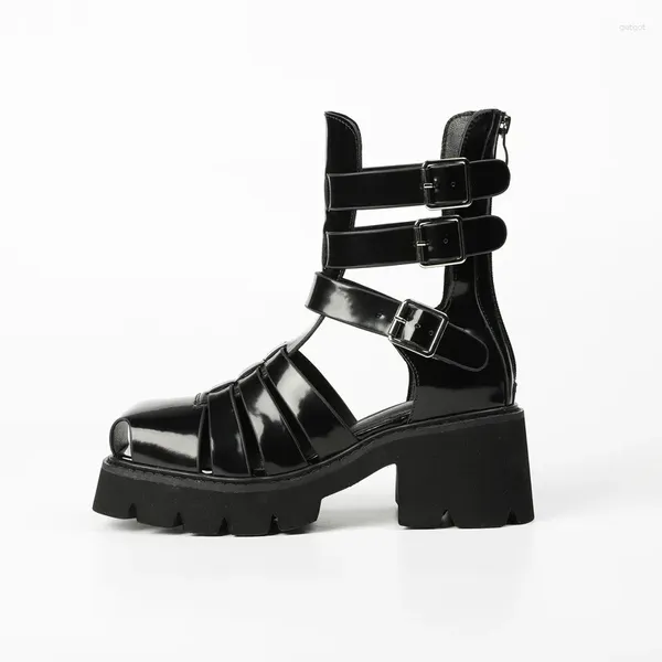 Sapatos de vestido feminino 2024 verão quadrado de malha respirável sola grossa botas de cano alto oco para fora sandálias gladiador romano