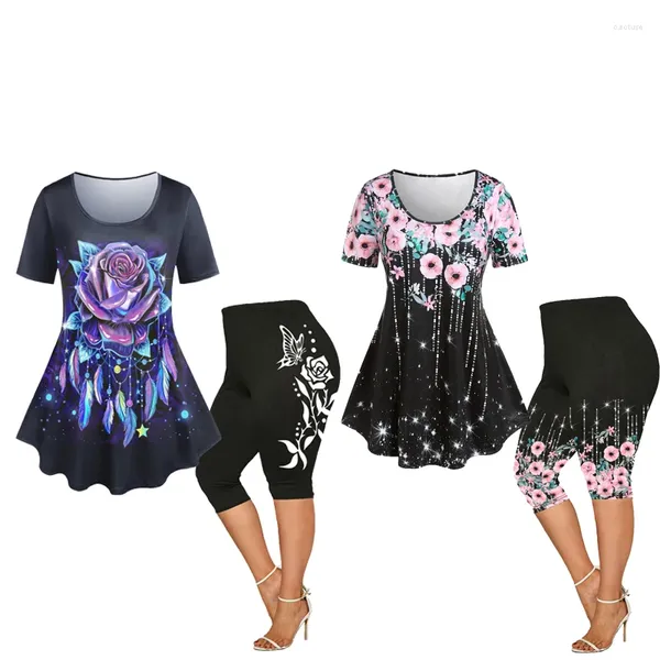 Женские брюки-двойки ROSEAGL, женские комплекты больших размеров, одинаковый комплект, футболки с цветными блоками и капри с 3D-бабочкой и цветочным принтом