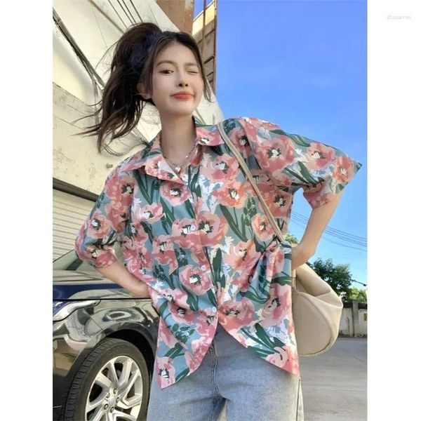 Damenblusen, hawaiianische Blumenhemden, Rosenölgemälde, ästhetische Bluse für Frauen, lockere Strickjacke mit Knöpfen, Mäntel, Sommeroberteile, koreanisch