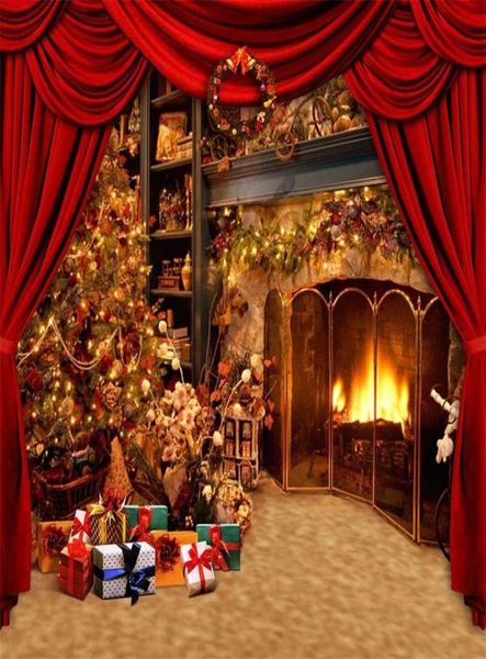 Indoor-Kamin-Weihnachtsbaum-Pografie-Hintergrund, bedruckter roter Vorhang, Geschenkboxen, Neujahrsparty-Motto-Po-Stand-Hintergrund2030534