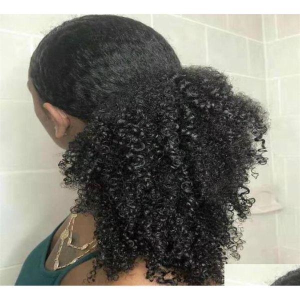 Ponytails Easy Ponytail Penteados Clipe em Cabelo Humano Dstring 1B Kinky Curly Pony Tail Afro Puffs Virgin Drop Delivery Produtos Extens Dhsog