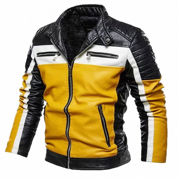 uomo giallo PU giacca di pelle patchwork giacche da motociclista cappotto con cerniera casual giacca da motociclista maschile slim fit cappotto foderato in pelliccia X95N #