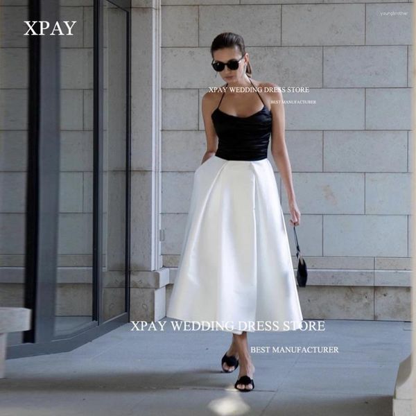 Vestidos de festa XPAY preto e branco uma linha simples noite halter cetim comprimento vestido de baile noite evento formal