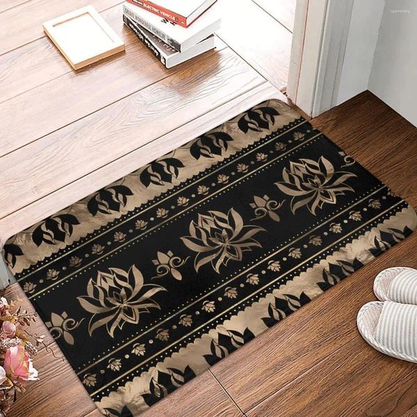 Teppiche Fleur De Lys rutschfester Teppich Lotusblume Luxus Ornament Schwarz und Gold Coole Fußmatte Wohnzimmer Badezimmermatte Willkommen Dekor Teppich