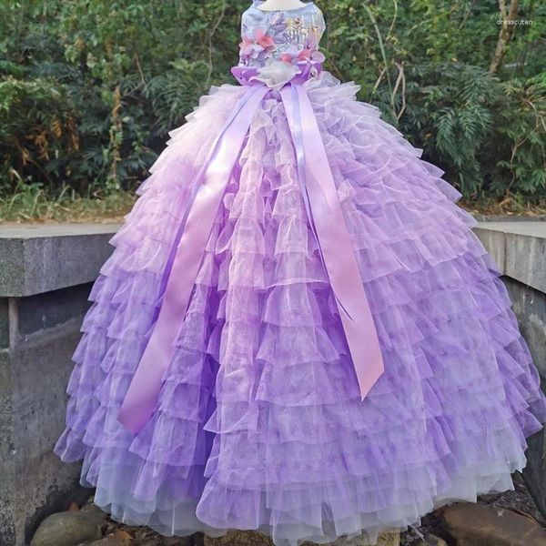 Одежда для собак, уникальный роскошный дизайн, одежда ручной работы, градиентное фиолетовое платье со шлейфом для домашних животных, свадебное платье, многоуровневая юбка, 3D отделка