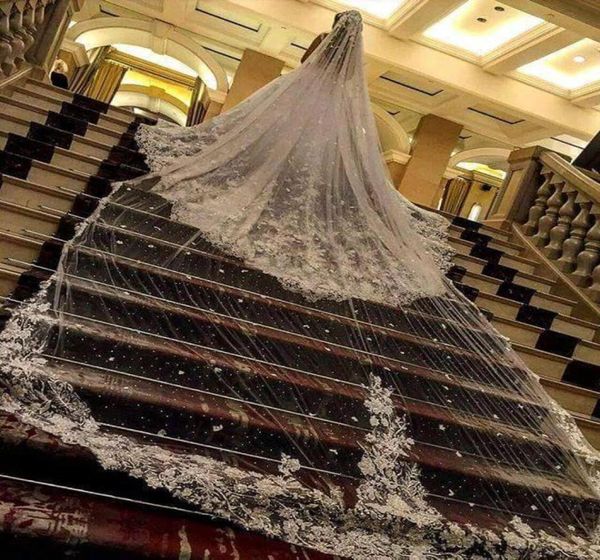 Luxo feito sob encomenda uma camada 4m véus de casamento longos com borda aplicada tule catedral véu de noiva com pente para bridal2738801
