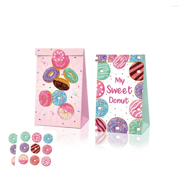 Подарочная упаковка LB012 12 шт., пончики для девочек, бумажные пакеты для вечеринки по случаю дня рождения с наклейками, крафт-мешок для печенья, еды