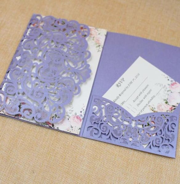 50 комплектов фиолетовых романтических свадебных приглашений с картами Rsvp, вечерние украшения, открытки на свадьбу, день рождения, приглашение на лазерную резку Invi5289545