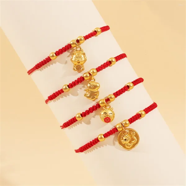 Braccialetti con ciondoli Ciondolo drago color oro zodiaco in stile cinese per donne Bracciale con monete rotonde intrecciate a mano Gioielli per regali vicino all'anno