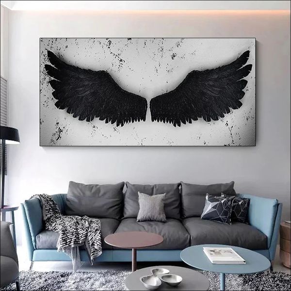 Minimalist stil melek kanatlar siyah beyaz modern tuval boyama posterleri baskılar tüy duvar sanat resimleri oturma odası ev dekor 240327