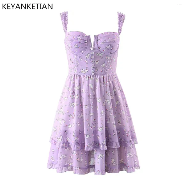 Повседневные платья KEYANKETIAN, летнее светло-фиолетовое платье на подтяжках с цветочным принтом, женское пасторальное платье с высокой талией и баской, тонкая мини-юбка