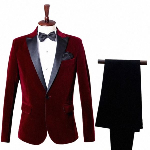 vino rosso slim fit collo a scialle veet vestito da uomo festa di nozze smoking abiti da uomo 2 pezzi giacca + pantaloni da uomo terno masculino Q3rf #