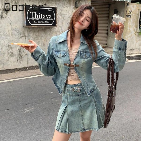 Vestidos de trabalho 2024 primavera simples camisola tubo superior mulher fina um botão manga longa jaqueta jeans com cinto curto jean saia 3 peças conjunto