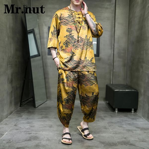 Mr.nut verão gelo seda masculino tang terno duas peças conjunto t camisa harem calças roupas femininas elegantes férias roupas frescas streetwear 240325