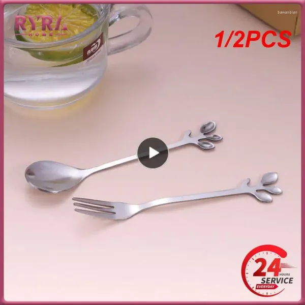 Cucchiai 1/2PCS Oro Manico Lungo Cucchiaio In Acciaio Inox Foglia Cucchiaino Nordic Mini Agitazione Piccola Forchetta Per Dessert Caffè Miele casa