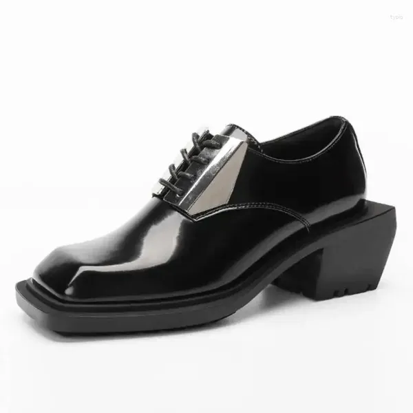 Sapatos casuais de salto alto masculino cabeça quadrada couro brilhante sola grossa design de salto robusto renda-up dança derby qualidade