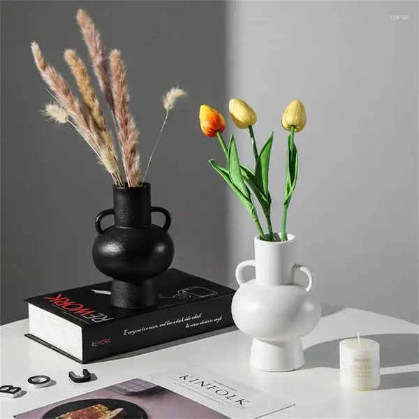 Vasos Moderno Mesa Decorativa Flor Vaso Minimalista Preto e Sólido Decoração de Casa Geométrica Dupla Orelha Cerâmica