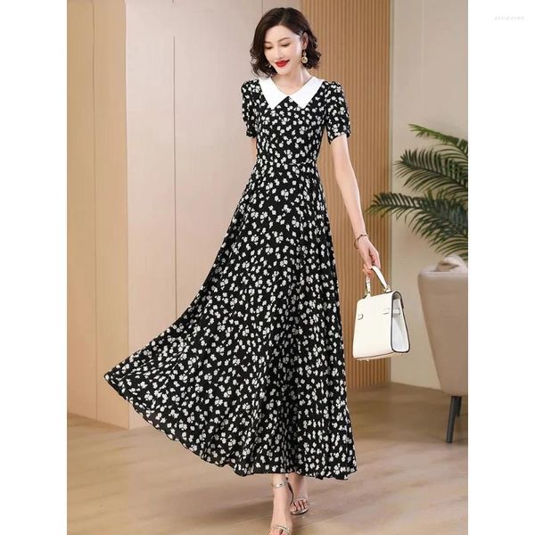 Partykleider 2024 Sommer Schwarzes Blumenkleid Mode Schlankes Temperament Chiffon Lange Frauen Kurzarm A-Linie Gedruckt Maxi 4XL