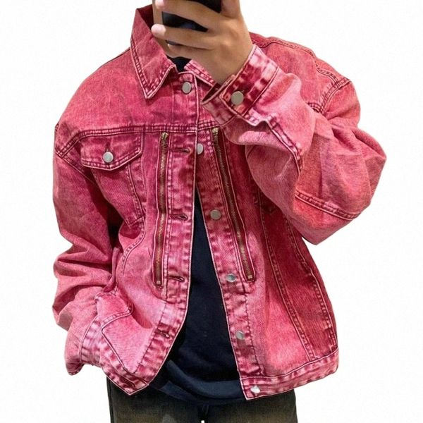 FI Retro Nische Mi Reißverschluss verziert Denim Jacken Männer lose beiläufige High Street rote kurze Jacke Männer Tops männliche Kleidung V9a4 #