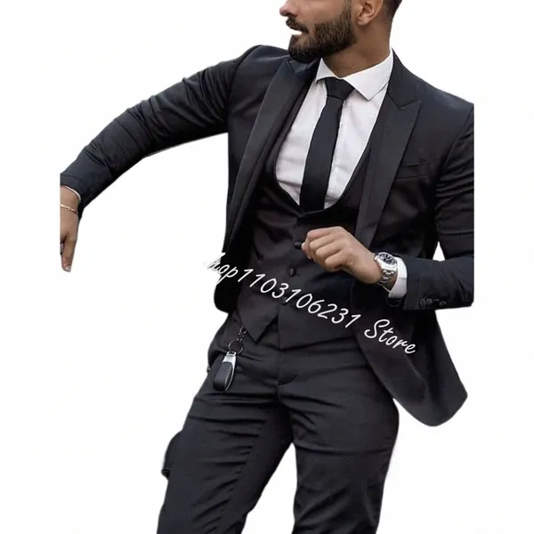 Männer Anzüge Spitze Revers Smoking Bräutigam Hochzeit Anzüge Set Schwarz Blazer Weste Hosen 3 Stück Busin Formale Klassische Kostüm homme S5TH #