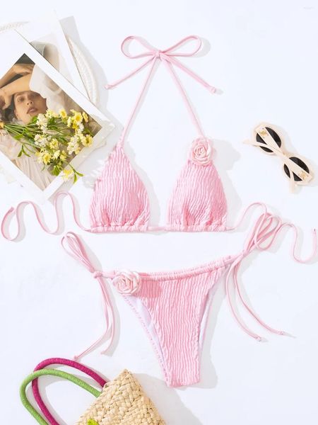 Damen-Badebekleidung, sexy 3D-Rosa-Blumen-faltiger Neckholder-String-Bikini-Set, zweiteiliger Badeanzug mit hoher Taille, gepolsterter Tanga, weiblicher Badeanzug