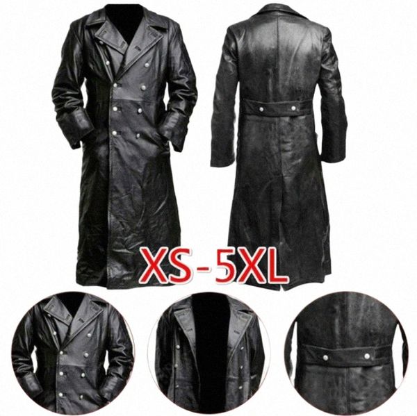 TRENCH DA UOMO CLASSICO TEDESCO DELLA SECONDA GUERRA MONDIALE UNIFORME MILITARE NERO IN VERA PELLE 03jX #