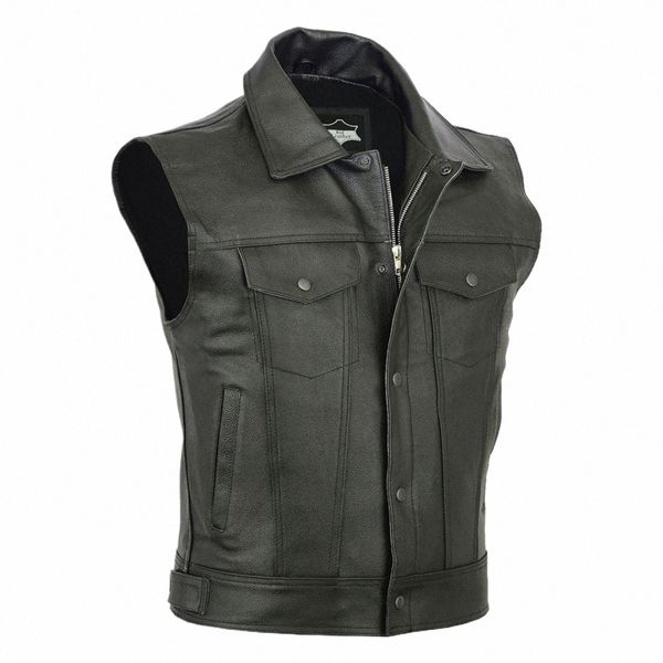 Uomini Fi Sleevel Cappotto Solido Casuale Della Maglia Moto Flotta Punk Gilet in pelle Top Cerniera Risvolto Cool Boy Streetwear Maschio b6M7 #