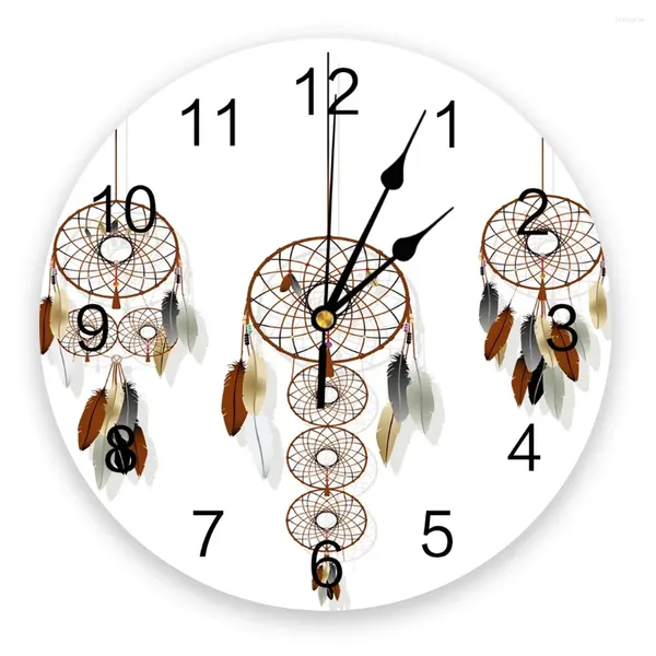 Relógios de parede Dream Catcher Watercolor Pena Padrão Silencioso Home Cafe Office Decor para Cozinha Arte Grande