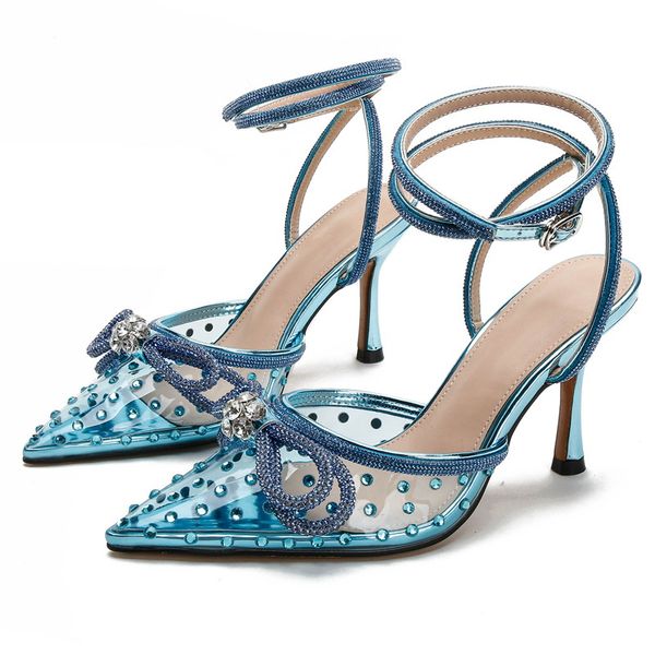 Sandálias femininas moda moda transparente pvc butterfly-knot shinestone slingbacks festa de verão baile de salto alto tampo de sapatos de sapatos 35-42