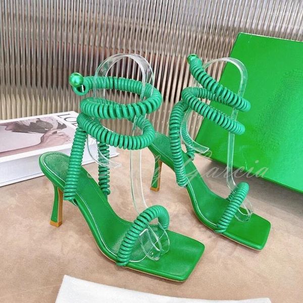 Kleid Schuhe Designer Grüne Knöchelriemen Sandalen Frauen Sexy Quadratische Zehe Draht Stretch Sprial High Heel Gladiator Party