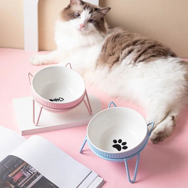 Füttern Cartoon Keramik Haustiernapf Schützen Sie die Wirbelsäule Tisch Hoher Fuß Großer schräger Hundefutternapf Hund und Katze Katzenohrnapf Heimtierbedarf